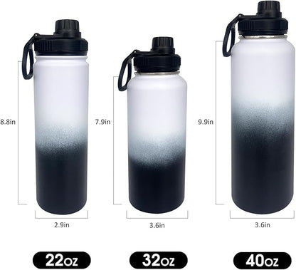 1pack 40 oz Insulated Water Bottle With Straw, Stainless Steel Sports Water Cup Flask with 2 Lids, Wide Mouth Travel Thermal Mug,Black white