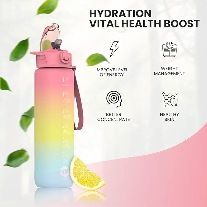 1L Water Bottle with Straw - Leak-Proof & BPA Free Reusable Sports Bottle - Motivational Time Markings for Hydration Durable Drink Bottle for Gym, Sports, Outdoor (Pink Yellow and Blue)