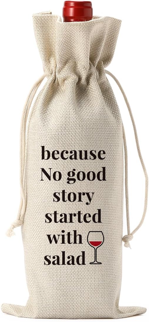 Wedding Bridal Shower Gifts, Engagement Gifts Wine Bags for Wine Bottles Gifts, Birthday Housewarming Gifts New Home Wine Gifts Bag, Because No Good Story Started with A Salad Wine Bag