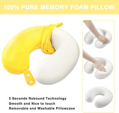 Travel Neck Pillow Airplane, Soft Memory Foam Support Head Neck Chin, with Removale Cover and Adjustable Snap Button, Comfortable Sleeping in Plane Car Train Traveling Office Home, Yellow