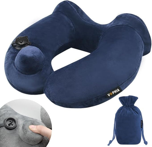 1 Pack Self-Inflatable Neck Travel Pillow with Compact Bag and Washable Cover for Sleeping Airplane Soft Velvet Pillow for Long Flight Neck Cushion for Head Support Car Home Office (DarkBlue 1pack)