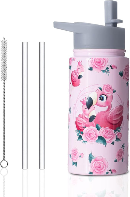 15oz Flamingo Ballet Insulated Stainless Steel Water Bottle With Straw & Brush, Christmas Birthday Gifts for School - Hand Wash Only