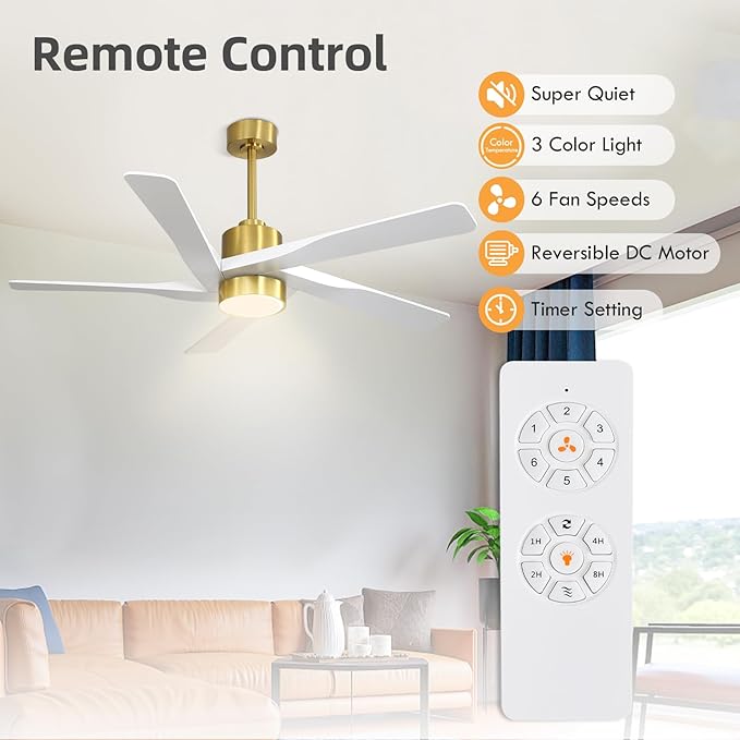 WINGBO 64" ABS DC Ceiling Fan with Lights, 5 Blade ABS Plastic Ceiling Fan with Remote, 6-Speed Reversible DC Motor, LED Ceiling Fan for Kitchen Bedroom Living Room, Brass and White