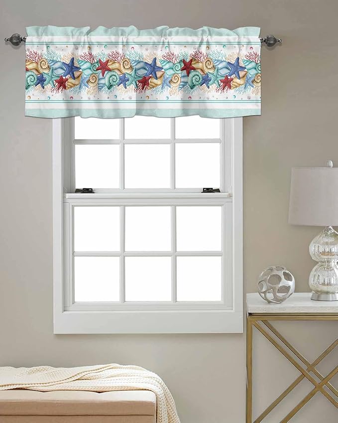 Vandarllin Coastal Beach Kitchen Curtains Valances for Windows Nautical Ocean Seashell Coral Starfish Rod Pocket Window Treatment for Kitchen/Living Room/Bedroom/Bathroom, 42" X 18", Aqua Blue Summer