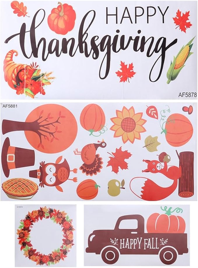 Set of 4 Fall Wall Decals Stickers, Autumn Pumpkin Truck Maple Leaves Decorations Bedroom Art, Thanksgiving Farmhouse Living Room Home Kitchen Decor