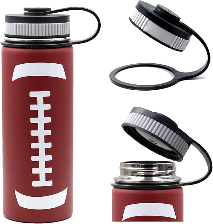 18 oz Football Water Bottle, Flask Sports with 2 Lids 18/8 Stainless Steel Tumbler Double Wall Vacuum Insulated Canteen Keep Beverages Hot/Cold (18oz, Football)