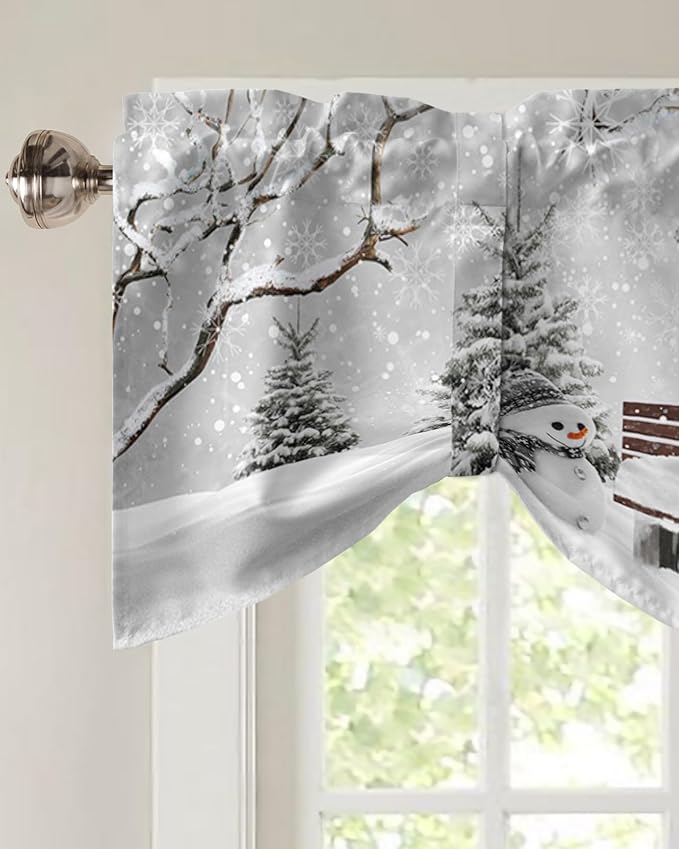 Winter Christmas Blackout Tie Up Valance Curtains for Kitchen Windows Cute Snowman Cardinals Window Toppers Balloon Shades for Living Room/Bathroom/Bedroom,1 Panel, 42" X 12", GreySnowy Pine Forest