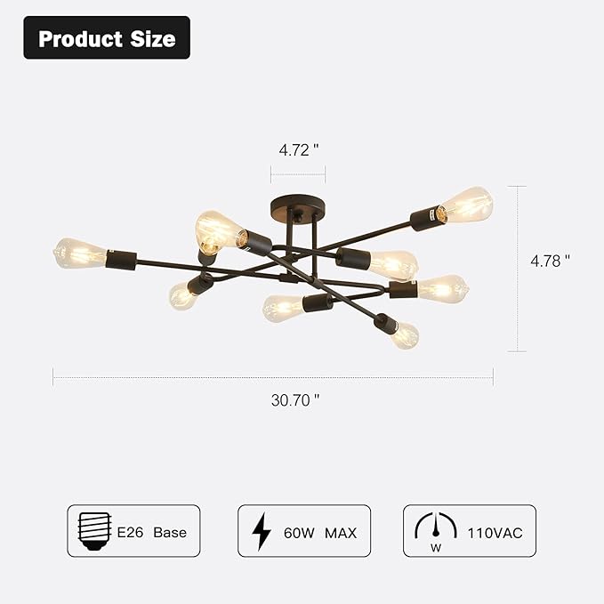 ZGLAOJT Black Semi Flush Mount Ceiling Light Fixture，9 Light Modern Metal Chandelier，Ceiling Light for Kitchen Farmhouse Island Dining Room Bedroom