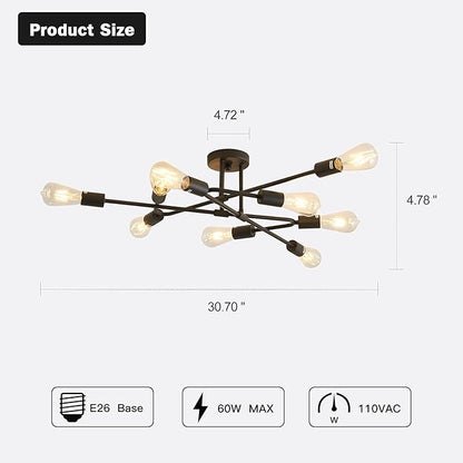 ZGLAOJT Black Semi Flush Mount Ceiling Light Fixture，9 Light Modern Metal Chandelier，Ceiling Light for Kitchen Farmhouse Island Dining Room Bedroom