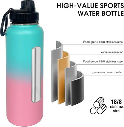 1pack 40 oz Insulated Water Bottle With Straw, Stainless Steel Sports Water Cup Flask with 2 Lids, Wide Mouth Travel Thermal Mug,Pink gradient