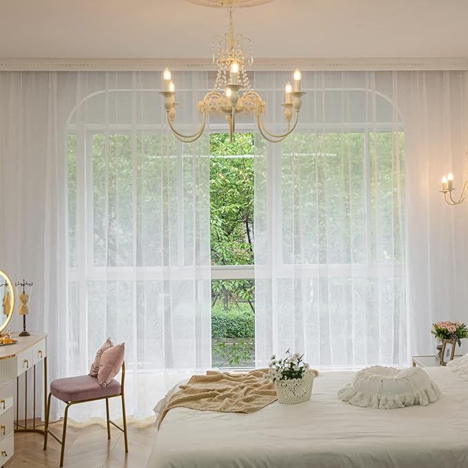 Windows Embroider-Figure Sheer White Curtains 84 Inches Length 2 Panels Voile Light Filtering Sheer Curtains Panel Basic Rod Pocket Sheer for Bedroom Living Room Children Room Kitchen Yard