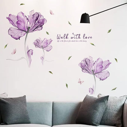 "Walk into Love" 3D Purple Flower Wall Stickers - 60cm x 23.6in Vinyl Decor for Home, Bedroom, Living Room, Office, Bathroom - 2 Sheets of 30cm x 90cm