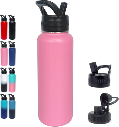 1pack 40 oz Insulated Water Bottle With Straw, Stainless Steel Sports Water Cup Flask with 2 Lids, Wide Mouth Travel Thermal Mug,Pink