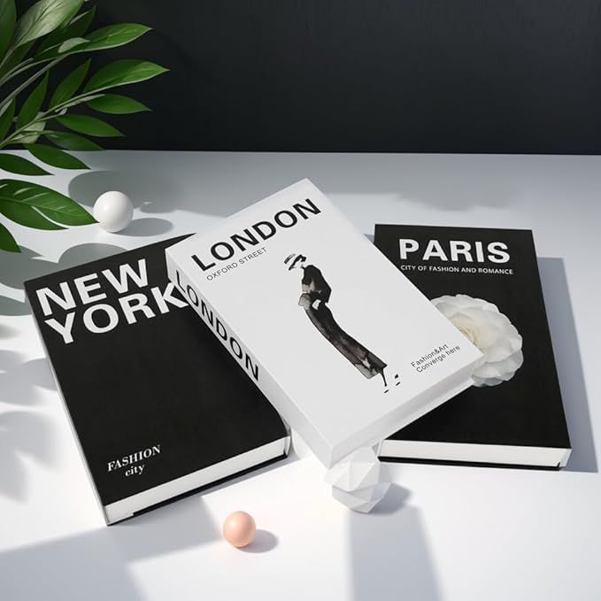 Neutral Home Books Decor Display for Living Room and Office,Paris London New York Fashion Decorative Book Hardcover Fake Decorative Books for Coffee Tables and Shelves Book Decor(Black)