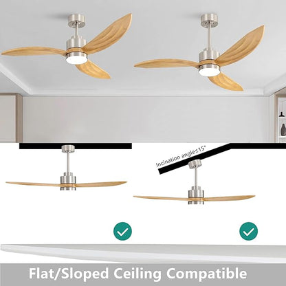 52" Wood Ceiling Fan with Lights and Remote Control, 3 Blades 6-Speed Dimmable Light Reversible DC Motor Ceiling fan for Kitchen Bedroom Dining Living Room, Wood Blades with Nickel