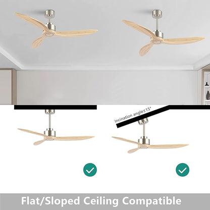 64" Wood Ceiling Fan Without Lights, 3 Blades 6-Speed Reversible DC Motor Ceiling Fan with Remote Control and Timer for Kitchen Bedroom Dining Living Room, Wood Blades with Nickel