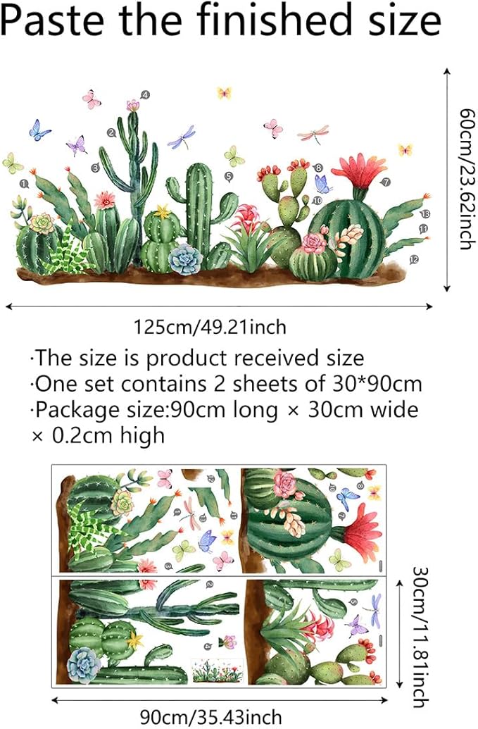 Vibrant Cactus & Butterfly Wall Stickers - 30x90cm Vinyl Decor for Home, Office, Nursery