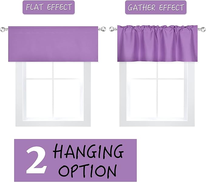 2 Panels Light Purple Valance for Windows 42x18 Inch Solid Thermal Insulated Blackout Rod Pocket Kitchen Short Curtain Toppers Valance for Living Room, Lilac Lavender