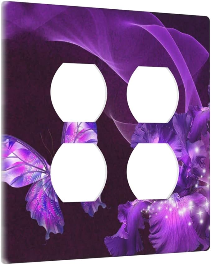 Purple Butterfly Flower Double Outlet Switch Wall Plate Cover Decorative 2-Gang for Electrical Girls Room Bathroom Bedroom Home Kitchen Two Receptacle Polycarbonate Power Gear 4.5" x 2.76"