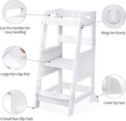 TOETOL Bamboo Toddler Kitchen Step Stool White Helper Standing Tower Height Adjustable with Anti-Slip Protection for Kids Kitchen Counter Learning