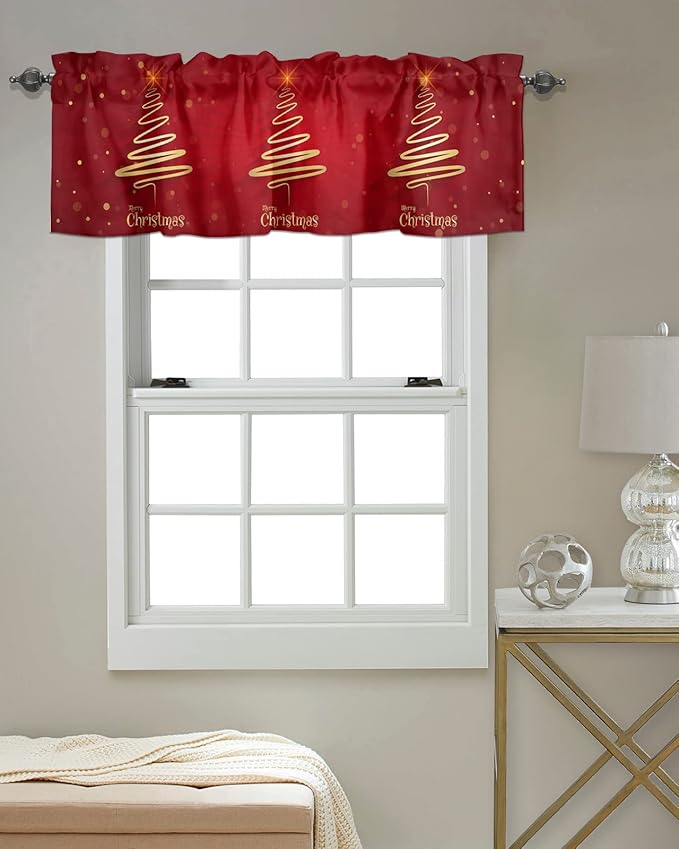 Vandarllin Christmas Tree Kitchen Curtains Valances for Windows Merry Xmas Red Rod Pocket Window Treatment for Kitchen/Living Room/Bedroom/Bathroom,42" X 18" -1 Panel, Winter Holiday Decor