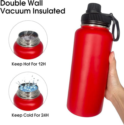 1pack 32 oz Insulated Water Bottle With Straw, Stainless Steel Sports Water Cup Flask with 2 Lids, Wide Mouth Travel Thermal Mug,Red