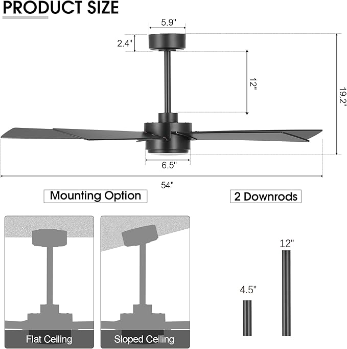 54" Ceiling Fan with Light and Remote Control, Modern Dimmable LED Light, 6-Speed Noiseless Reversible DC Motor, 5 Plywood Ceiling Fan for Kitchen Bedroom Living Room Black