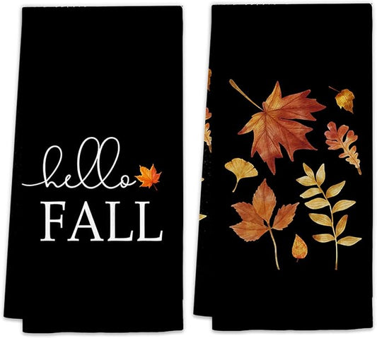 Black Fall Kitchen Towels Set of 2, Black Autumn Fall Dish Towels, Black Hello Fall Maple Leaves Decorative Hand Towels for Kitchen Bathroom, Fall Leaves Home Bathroom Kitchen Decor(16x24 Inch)