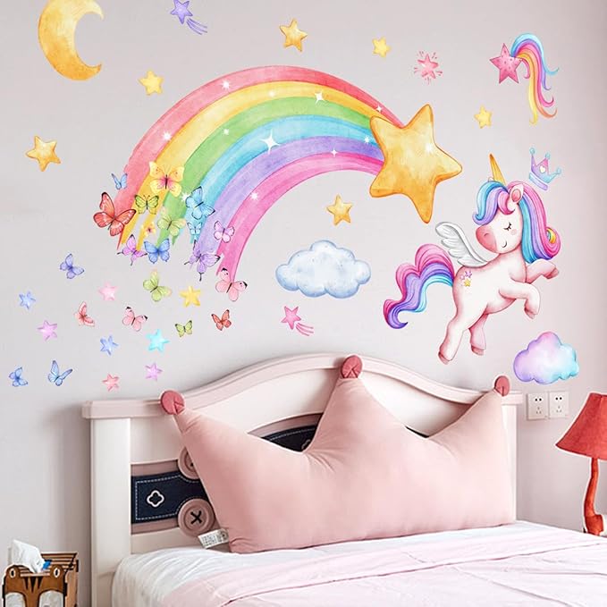 Colorful Wall Decals Set - Rainbow, Moon & Stars, Unicorn Designs - 30x60cm Sheets - Easy Peel & Stick for Home Decor