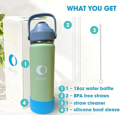 18oz Stainless Steel Vacuum Insulated Water Bottle with Straw Lid and Cleaning Brush, BPA Free, Leakproof, Temp Control, for Hot and Cold Drinks (Cool Mint, 18oz)