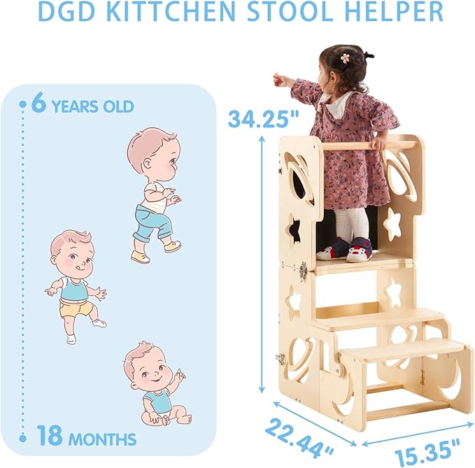 Toddler Tower, Toddler Stool for Kitchen, Kids Learning Wooden Tower, Foldable Weaning Table with Kids Step Stool, Montessori Toddler Standing Tower for Bathroom and Kitchen Counter