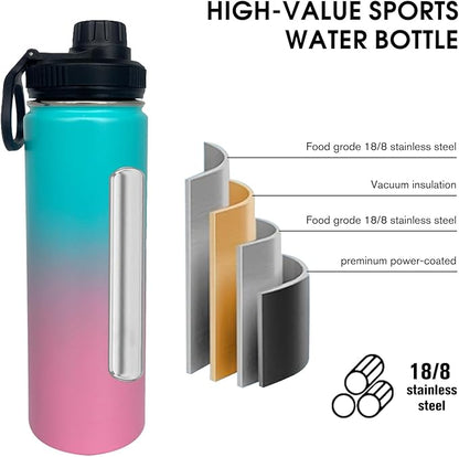 1pack 22 oz Insulated Water Bottle With Straw, Stainless Steel Sports Water Cup Flask with 2 Lids, Wide Mouth Travel Thermal Mug,Pink gradient