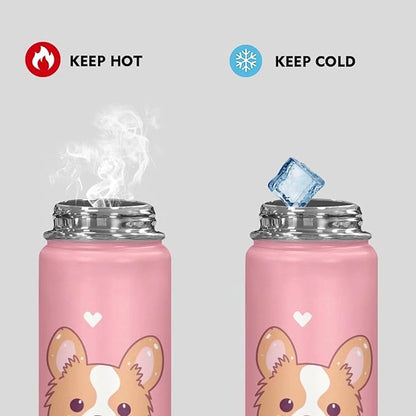 ZOUTAIRONG Corgi Insulated Water Bottle 18 oz Cute Dog Stainless Steel Sports Metal Water Flask Water Cup Mug Reusable Water Bottle Jug for Daily Use, Travel, School Kawaii Puppy Pink