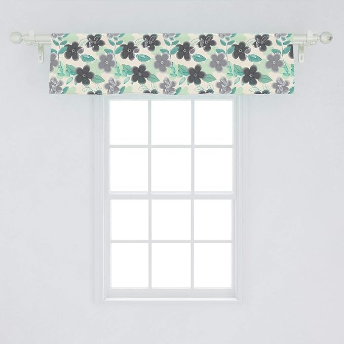 Ambesonne Floral Window Valance, Abstract Nostalgia Pattern with Retro Blooms and Leaves Romantic, Curtain Valance for Kitchen Bedroom Decor with Rod Pocket, 54" X 12", Black Grey