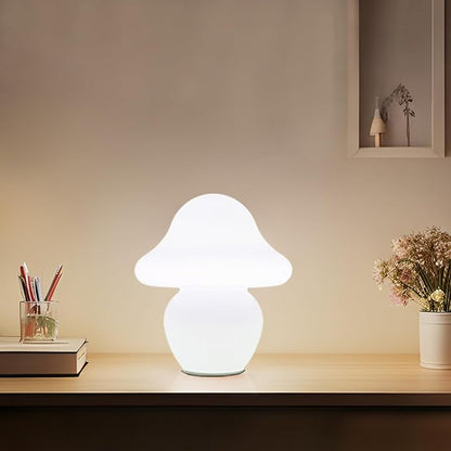 Mushroom Lamp, Small Translucent Glass Table Lamp, Cute Little Milk White Clear Nightstand Lamp for Bedroom, Bedside, Living Room, Murano Style Aesthetic Kawaii Lamp for Home Decor Gift