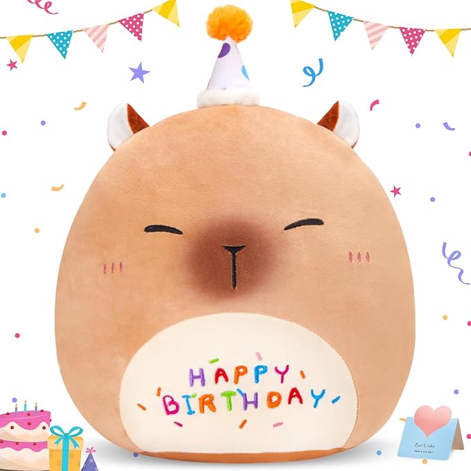 14'' Birthday Capybara Plush Pillow,Cute Capybara Stuffed Animal,Squish Capybara Happy Birthday Pillow,Kawaii Capybara Plushie Toys Birthday Gifts for Kids Toddlers Girls Boys Party Decor