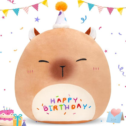 14'' Birthday Capybara Plush Pillow,Cute Capybara Stuffed Animal,Squish Capybara Happy Birthday Pillow,Kawaii Capybara Plushie Toys Birthday Gifts for Kids Toddlers Girls Boys Party Decor