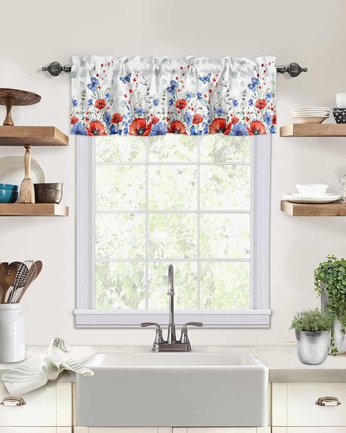 Vandarllin Summer 4th of July Kitchen Curtains Valances for Windows Patriotic Poppy Flowers Eucalyptus Rod Pocket Window Treatment for Kitchen/Living Room/Bedroom/Bathroom, 42" X 12", Blue Red