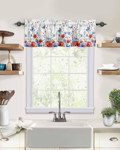 Vandarllin Summer 4th of July Kitchen Curtains Valances for Windows Patriotic Poppy Flowers Eucalyptus Rod Pocket Window Treatment for Kitchen/Living Room/Bedroom/Bathroom, 60" X 18", Blue Red