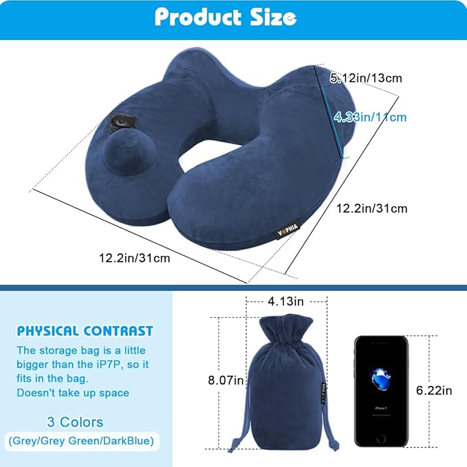 1 Pack Self-Inflatable Neck Travel Pillow with Compact Bag and Washable Cover for Sleeping Airplane Soft Velvet Pillow for Long Flight Neck Cushion for Head Support Car Home Office (DarkBlue 1pack)