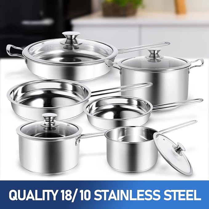 10-Piece Pots and Pans Set, Stainless Steel Cookware Set- Includes Ergonomic Handle Saucepans, Skillets, Dutch Oven, Stockpot, Steamer & More - Premium Pots and Pans for Home Chefs