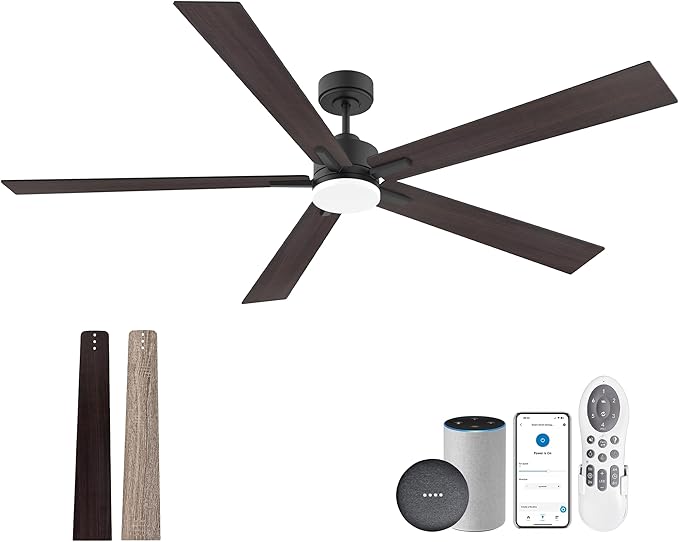 72” Large Smart Ceiling Fan with Lights Remote,Silent DC Motor,Control via WIFI Alexa Google App,Outdoor Indoor Modern Ceiling Fans for Living Room Kitchen Patio,Dimmable,5 Blades in Black&Walnut