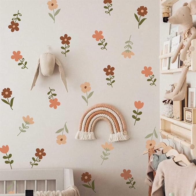 72pcs Flowers Wall Decals，Boho Flowers Wall Stickers，Wildflower Grass Wall Stickers，Removable Floral Wall Murals Peel and Stick Colorful Flower Wall Decor，Girls Bedroom Living Room Kitchen Wall Decor