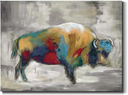 Renditions Gallery Canvas Animal Wall Art Home Paintings & Prints Colorful Bison Brushstroke Abstract Black & White Modern Artwork Decorations for Bedroom Office Kitchen - 32"x48" LT33