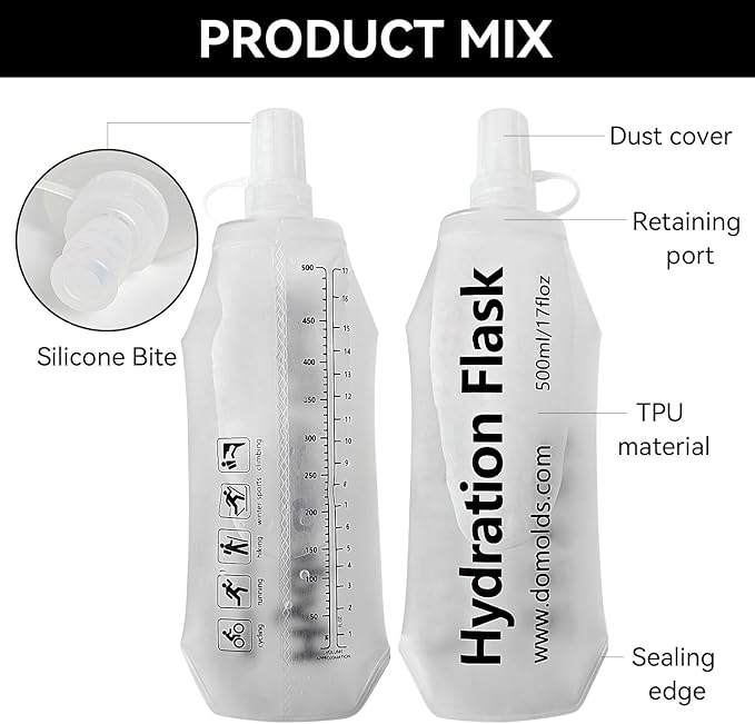 2 Pack Premium Collapsible Water Bottle-500ml (17.6oz), Portable Soft Flask Water Bottle for Hydration Pack/Running Vest- Folding Water Bottle for Running, Hiking, Cycling (White 500ml*2)