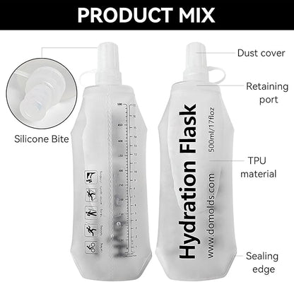 2 Pack Premium Collapsible Water Bottle-500ml (17.6oz), Portable Soft Flask Water Bottle for Hydration Pack/Running Vest- Folding Water Bottle for Running, Hiking, Cycling (White 500ml*2)