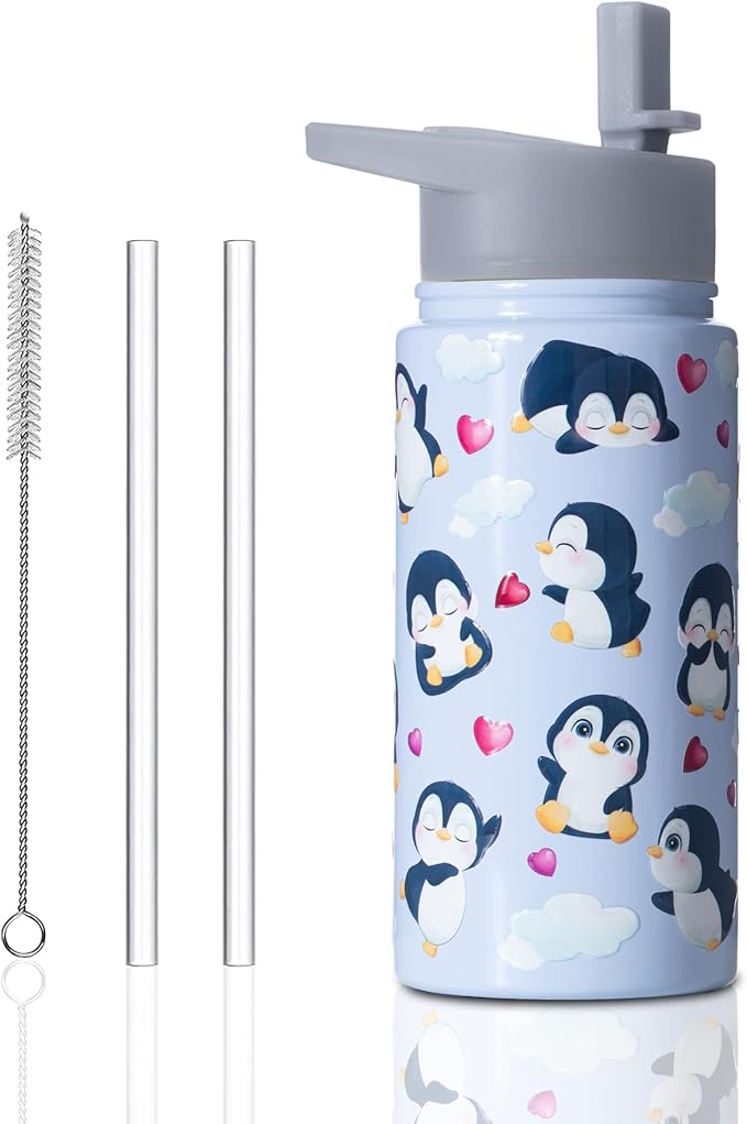 15oz Penguin Insulated Stainless Steel Water Bottle With Straw & Brush, Christmas Birthday Gifts for School - Hand Wash Only