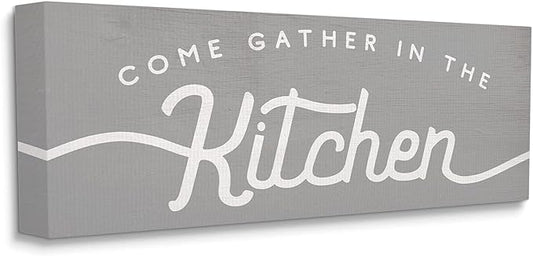 Stupell Industries Gather in The Kitchen Sign Rustic Family Phrase, Designed by Daphne Polselli Canvas Wall Art, 10 x 24, Grey