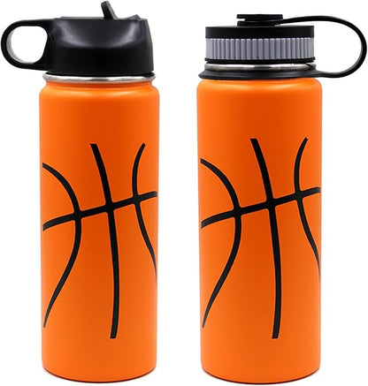 18 oz Basketball Water Bottle, Sports Canteen Metal Travel Tumbler with 2 Lids 18/8 Stainless Steel Double Wall Vacuum Insulated Water Bottles (18oz, Basketball)