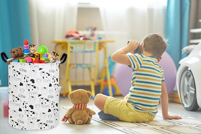 Cow Print Laundry Hamper,Kids Laundry Basket Collapsible Farm Storage Baskets for Home Decor,Office,Toy Organizer,(Cow)